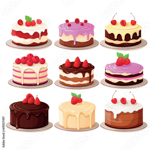 Set of Birthday Cakes. Birthday Party Elements vector illustration