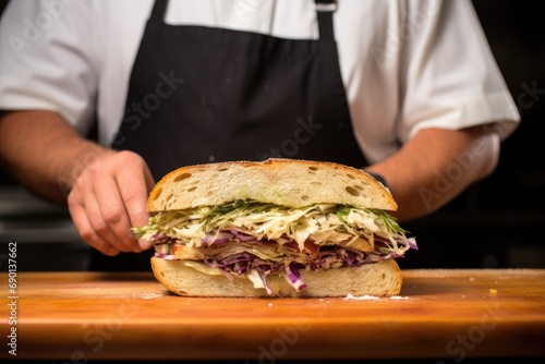 chef displaying a fresh, aromatic sauerkraut sandwich