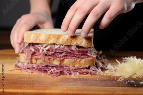 hand pressing down on a sauerkraut sandwich to flatten it