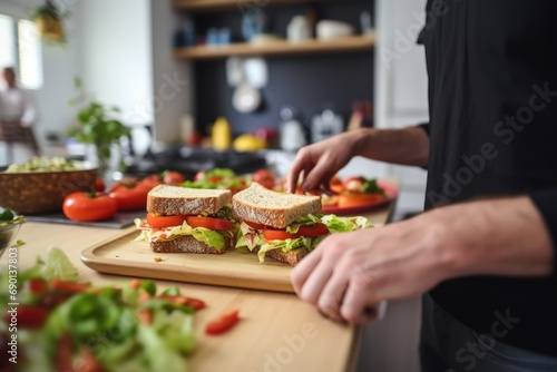 man serving spicy mayo sandwich during a housewarming party photo