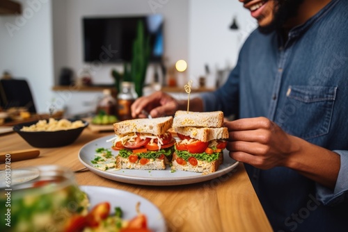 man serving spicy mayo sandwich during a housewarming party