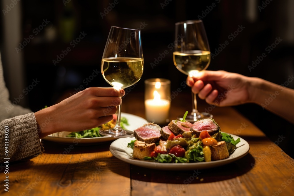two people toasting wine glasses over a tuna steak dinner two people toasting wine glasses over a tuna steak dinner