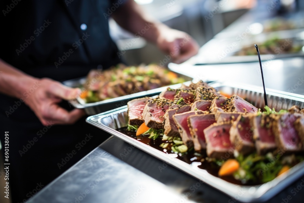 caterer organizing seared tuna steak dishes for an event