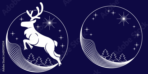 トナカイのシルエットマークと星と円形のフレーム