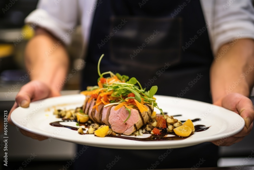 person presenting a cooked tuna steak with a garnish