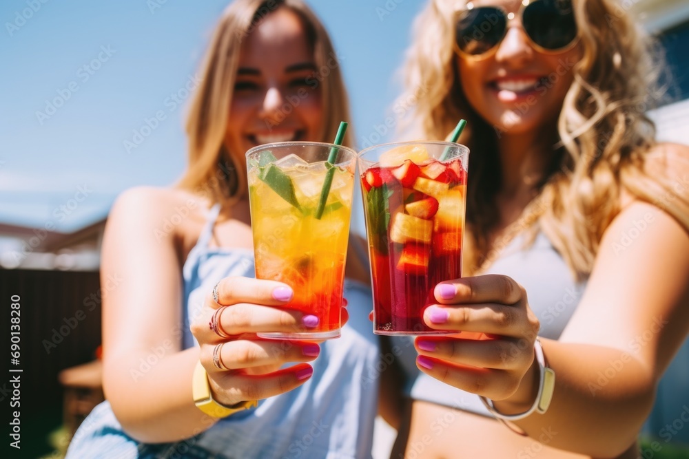 two friends holding glasses, which are filled with colorful fruit iced tea two friends holding glasses, which are filled with colorful fruit iced tea