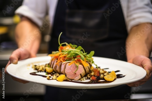 person presenting a cooked tuna steak with a garnish