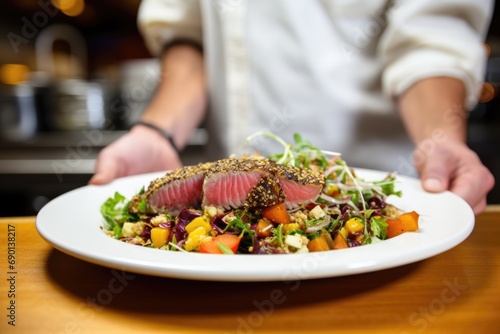 person accompanying seared tuna steak with a grain salad