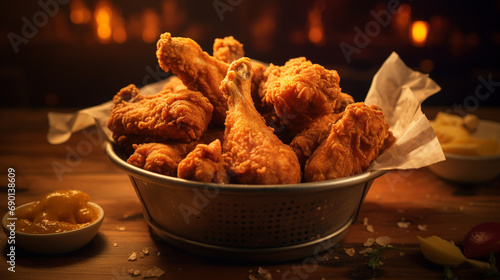 Bucket full of crispy Kentucky fried chicken wings and legs emphasizing golden, crispy texture, warm lighting for mouthwatering effect, AI Generated