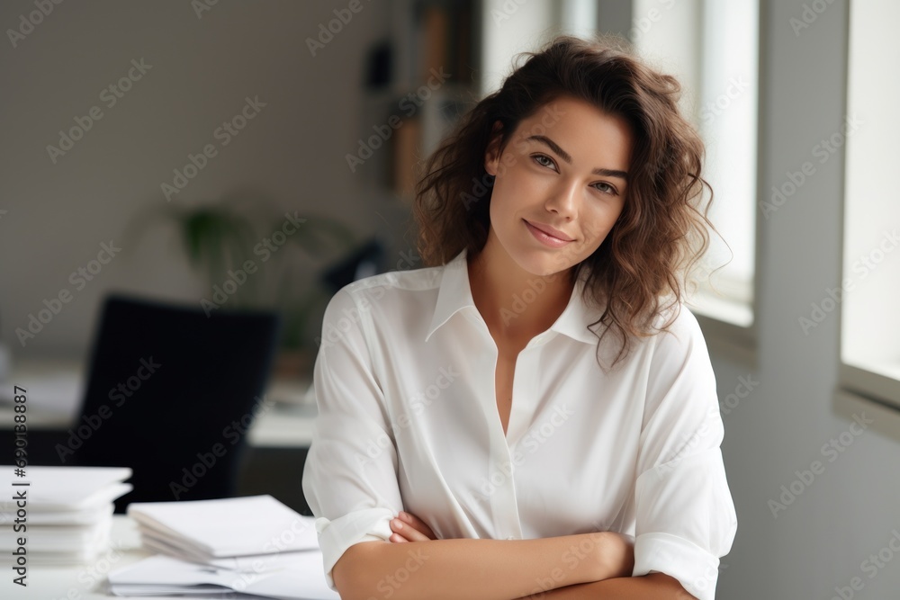 Woman in white shirt leaning on desk. Female accountant working with stack of papers, searching information, analyst business report. Businesswoman with paperwork in modern office. Woman in white shirt leaning on desk. Female accountant working with stack of papers, searching information, analyst business report. Businesswoman with paperwork in modern office.