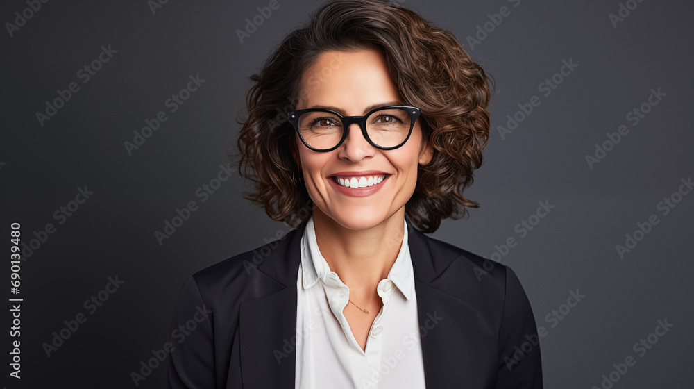 Confident cheerful woman portrait, CEO in business outfit. Stylish hairstyle. AI generated.