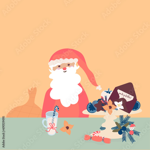 santa claus with a bag of gifts peach-beige background