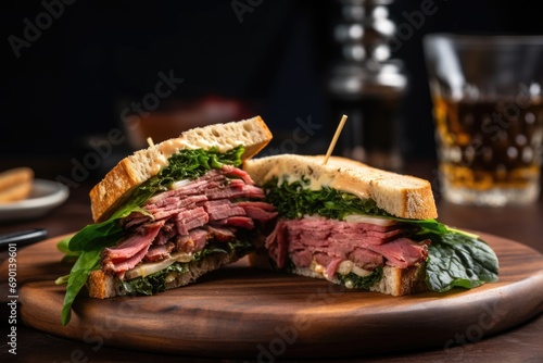 sandwich with smoked beef brisket and greens