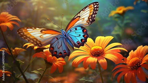 A delicate butterfly perched on a vibrant wildflower, its intricate wings capturing the sunlight in a mesmerizing display