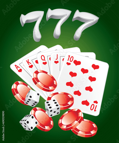 Colorful casino illustration. Vector icons set. Red and silver jackpot. 777.