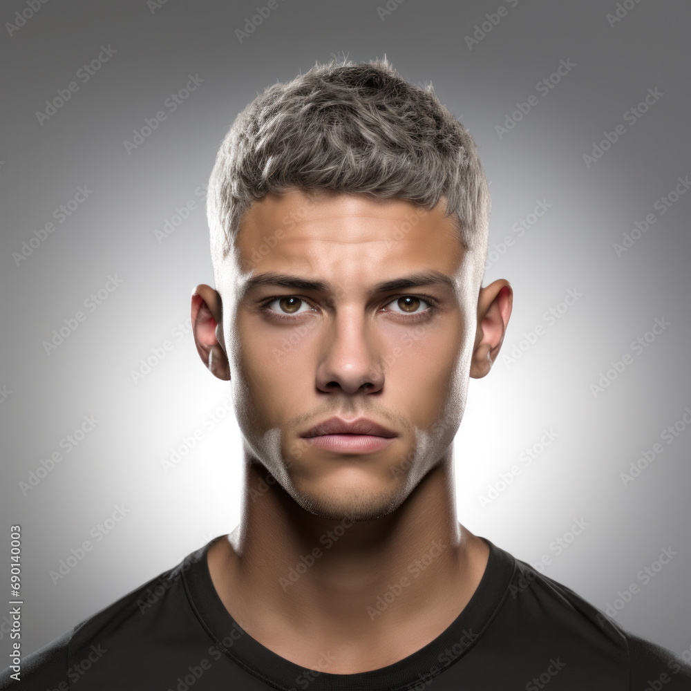 Fototapeta premium Dramatic concept Black and white close-up portrait of young handsome man looking forward. Studio shot on black background