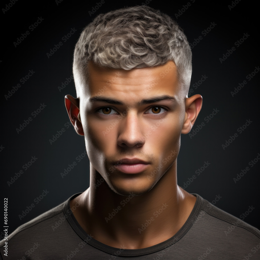 Dramatic concept Black and white close-up portrait of young handsome man looking forward. Studio shot on black background Dramatic concept Black and white close-up portrait of young handsome man looking forward. Studio shot on black background