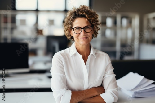 Woman in white shirt leaning on desk. Female accountant working with stack of papers, searching information, analyst business report. Businesswoman with paperwork in modern office. photo