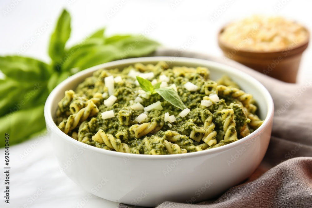 view of a bowl of spelt pasta with fresh pesto view of a bowl of spelt pasta with fresh pesto