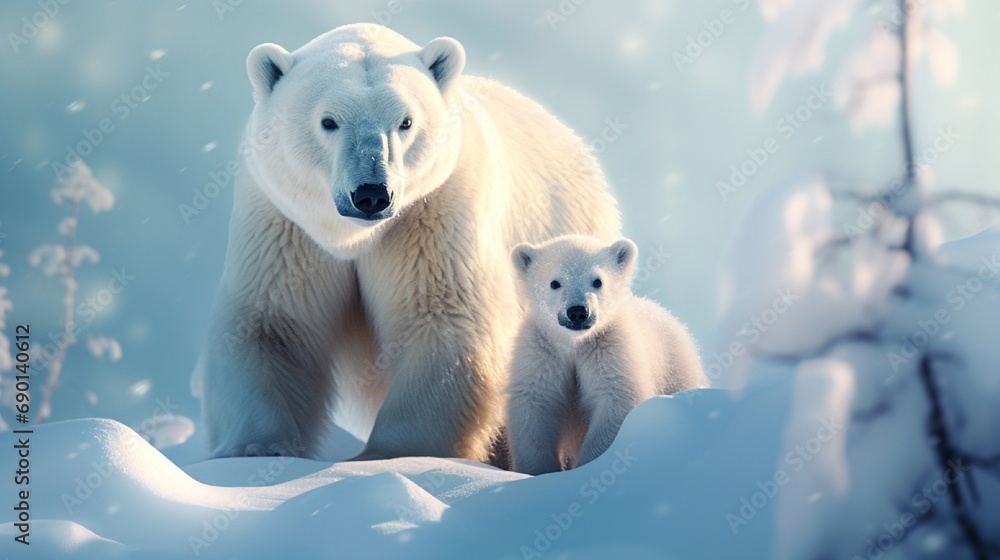 A polar bear with a small bear cub in the snow. A polar bear with a small bear cub in the snow.