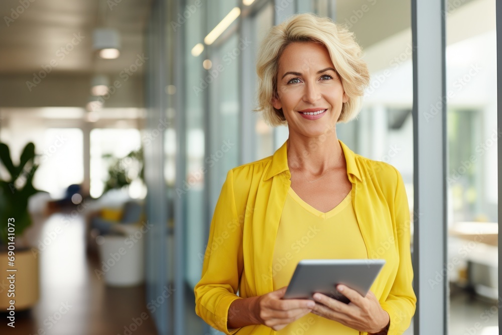 Fototapeta premium Woman in yellow shirt, professional manager holding digital tablet computer using software applications, searching information, analyst business report. Businesswoman in modern office.
