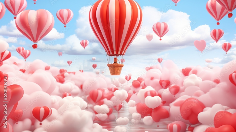 hot air balloon and red and white heart balloons Valentine's Day Background 