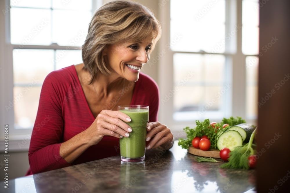 woman savoring a taste of spinach and berry smoothie woman savoring a taste of spinach and berry smoothie