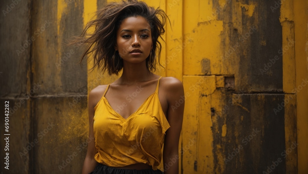 Naklejka premium Black American avant-garde fashion models pose in surreal, dream-like compositions against a grunge yellow wall.