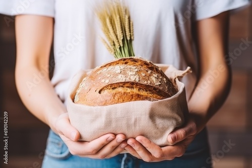 woman with grocery bag with sprouted grain bread loaf