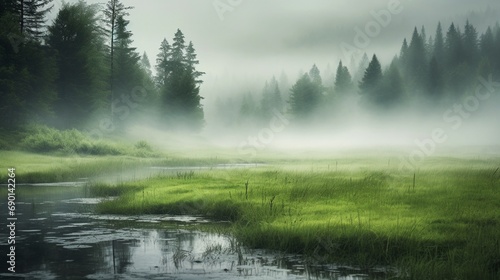A dense fog rolling over a serene meadow, creating an ethereal and mysterious atmosphere in the heart of nature