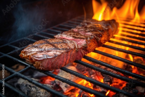 flames surrounding steak on a grill at a cookout