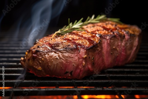 detail photo of a steak sizzling on a grill