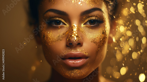 Portrait of female model with gold glitter on her face