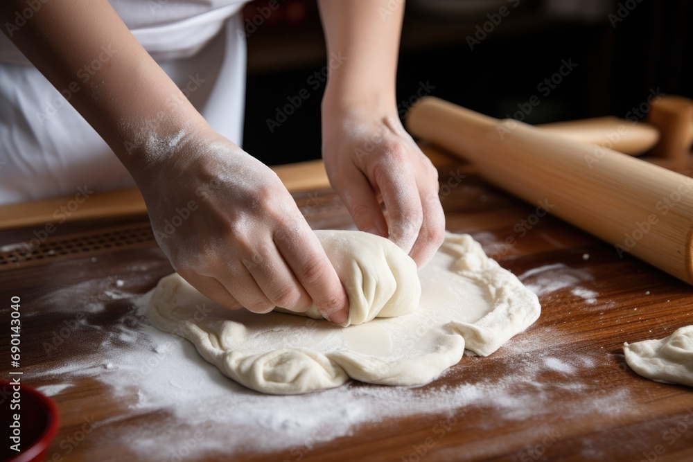 dumpling dough being rolled by a teenager