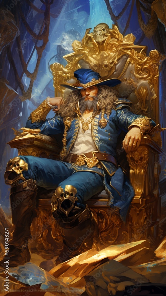 A captivating pirate captain, eyes as deep as the ocean, wearing a mesmerizing shade of azure and gold, seated on a magnificent golden throne amidst a captivating array of riches.