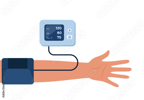 Man measuring blood pressure with digital device tonometer. Arterial blood pressure checking. Healthcare concept. Monitoring of arterial hypertension. Vector illustration.