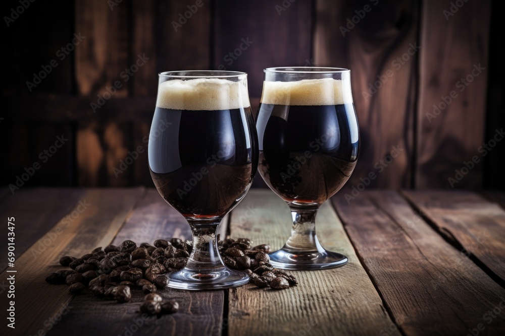 pair of stout beer glasses on rustic wooden table - obrazy, fototapety, plakaty 
