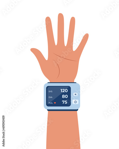 Man measuring blood pressure with digital device tonometer. Arterial blood pressure checking. Healthcare concept. Monitoring of arterial hypertension. Vector illustration.