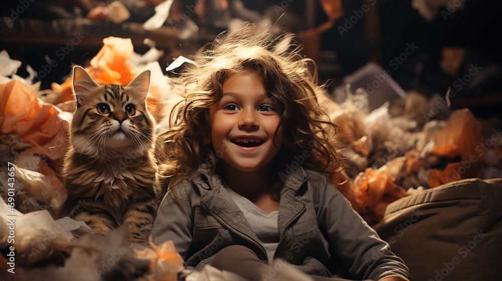 Little child and cat at messy room.
