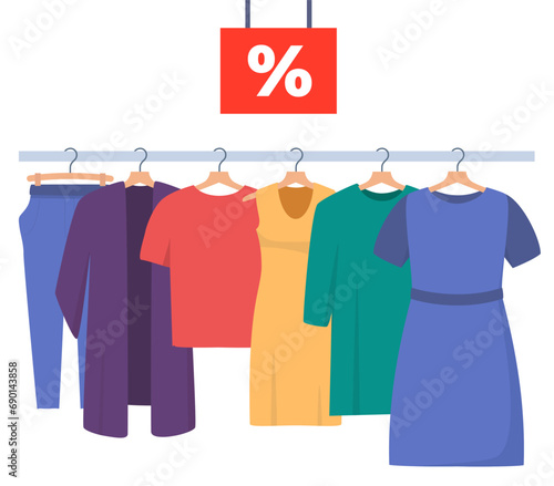 Big sale in clothing store. Clothes shop interior, various clothes on hangers and percentage sign on the red signboard. Vector illustration.