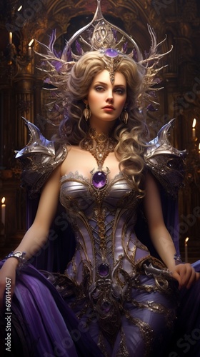 A captivating pirate queen, her eyes like radiant amethyst, draped in regal violet and silver, ruling her domain from a lavish golden throne.