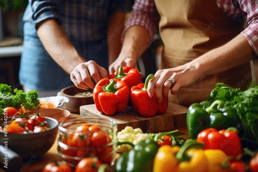couple preparing stuffed bell peppers together couple preparing stuffed bell peppers together