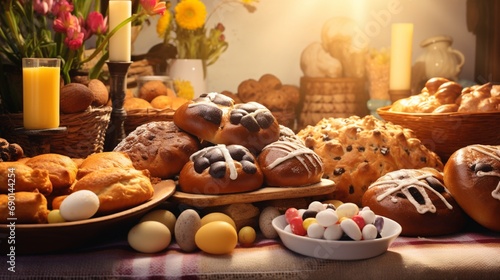 An array of Easter bread and pastries, including hot cross buns and braided loaves, set against a cream-colored background photo