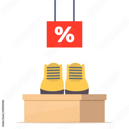 Shoe box with footwear. Stylish modern boots on box, side view. The price tag with discount percent sign. Shoes sale in store. Vector illustration.