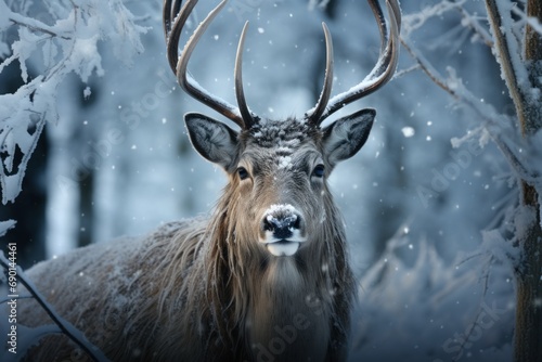 Majestic reindeer in a winter wonderland adorned with swirling snowflakes, christmas picture