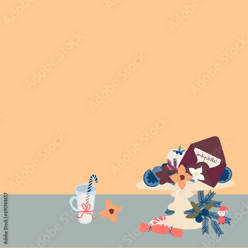 Christmas card space for copy text. Peach-beige background. Letter to santa Claus in Finnish.