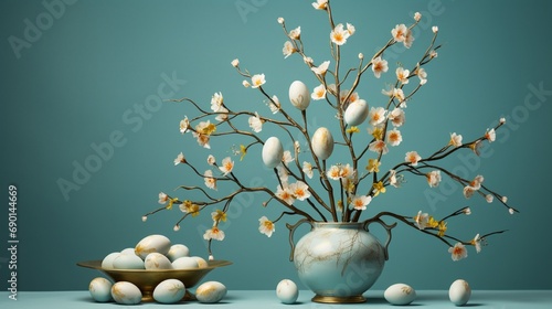An artistic Easter egg tree centerpiece  with branches holding delicately painted eggs  against a soft  robin s egg blue background