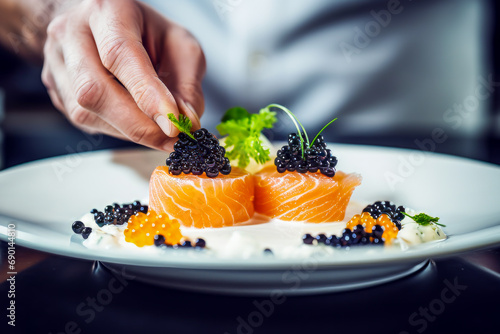 Chef's hands meticulously garnish gourmet dish of salmon rolls topped with caviar on a white plate, capturing art of fine dining and culinary excellence in food presentation. Healthy luxury seafood photo