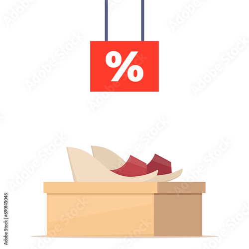 Shoe box with footwear. Stylish modern woman shoes on box, side view. The price tag with discount percent sign. Shoes sale in store. Vector illustration.