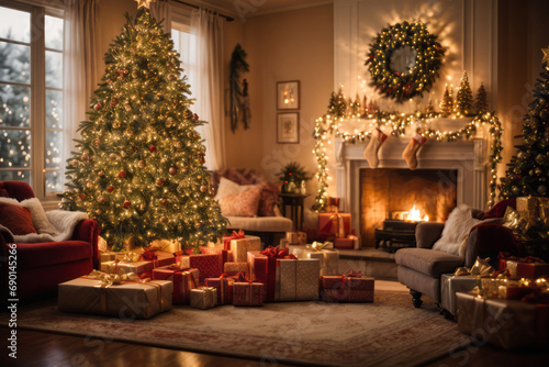 Fireplace. Background for the design of New Year's greetings or Christmas. Cozy Christmas atmosphere © Sergie